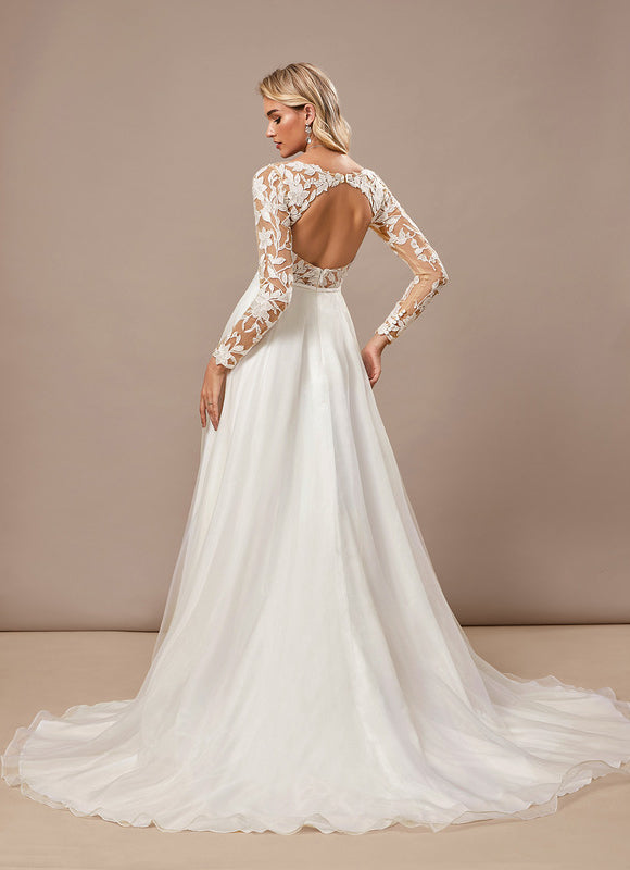 Robe Pastel Blanche Traîne Dentelle Élégante - gallery 5