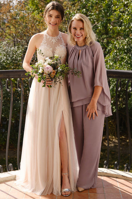Robe Pastel Rose Traîne Dentelle Paillettes - gallery 3
