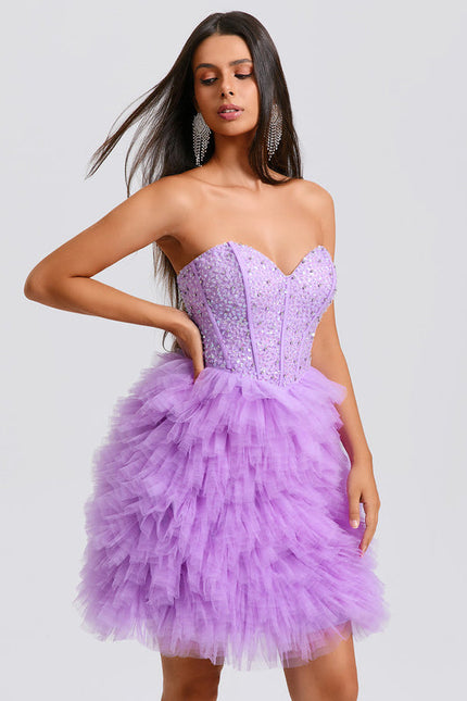 Robe Pastel Violet Paillettes Tulle Court - gallery 5