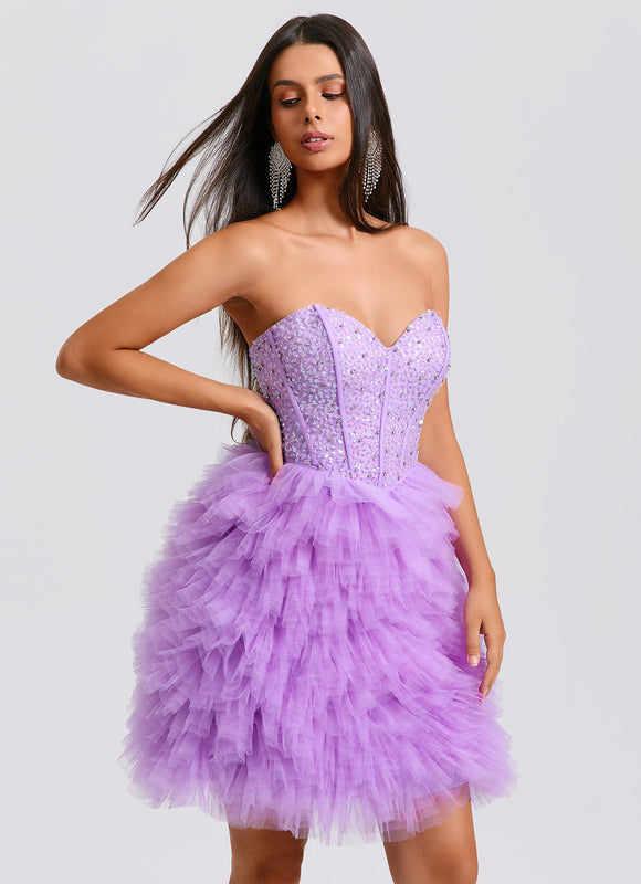 Robe Pastel Violet Paillettes Tulle Court - gallery 5