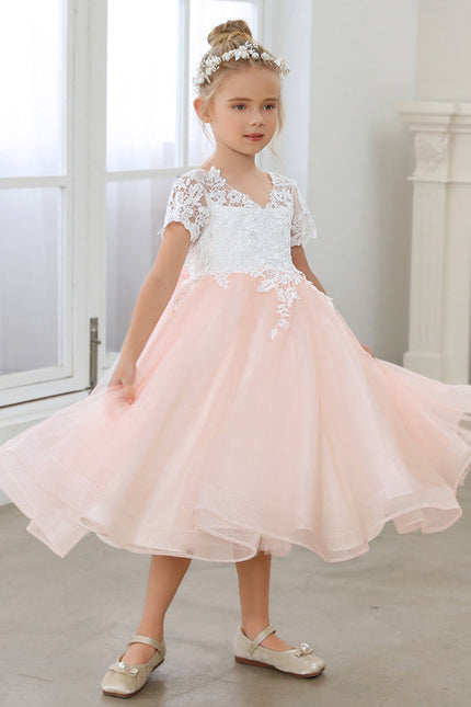Robe Pastel Rose Col V En Tulle - gallery 3