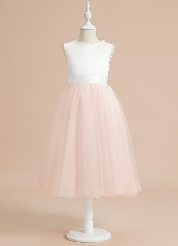 Robe Pastel Rose Satin Tulle Mariage Fille - gallery 2