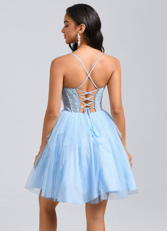 Robe Pastel Bleu Ciel Col Cœur Volants - gallery 2