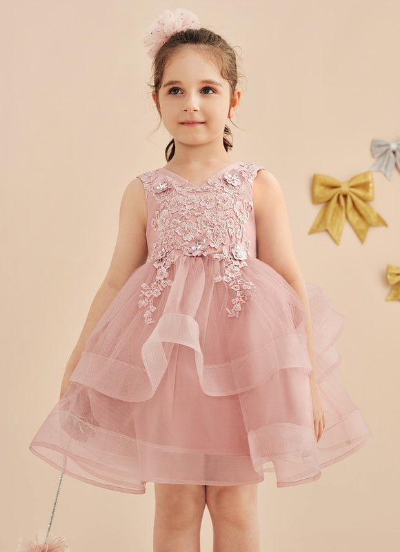 Robe Pastel Rose En Tulle Avec Dentelle - gallery 2