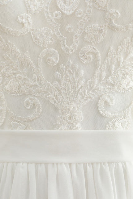 Robe Pastel Blanche Dentelle Mousseline Genou - gallery 1