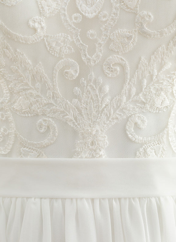 Robe Pastel Blanche Dentelle Mousseline Genou - gallery 1