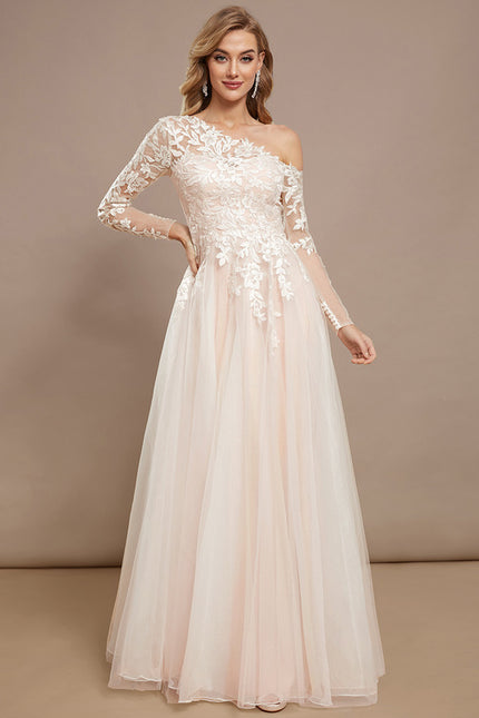 Robe Pastel Rose Col Asymétrique Tulle Dentelle