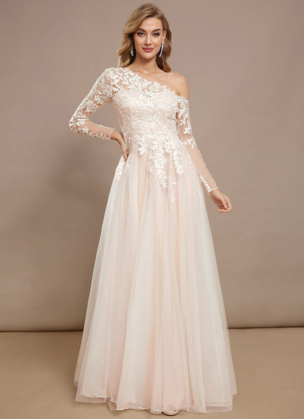 Robe Pastel Rose Col Asymétrique Tulle Dentelle