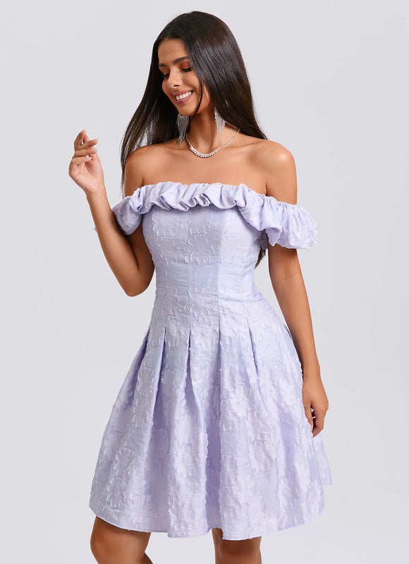 Robe Pastel Lavande Épaule Dénudée Courte - gallery 5