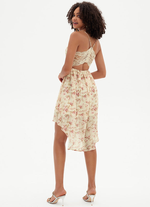 Robe Pastel Fleurie Beige Col V Asymétrique - gallery 2