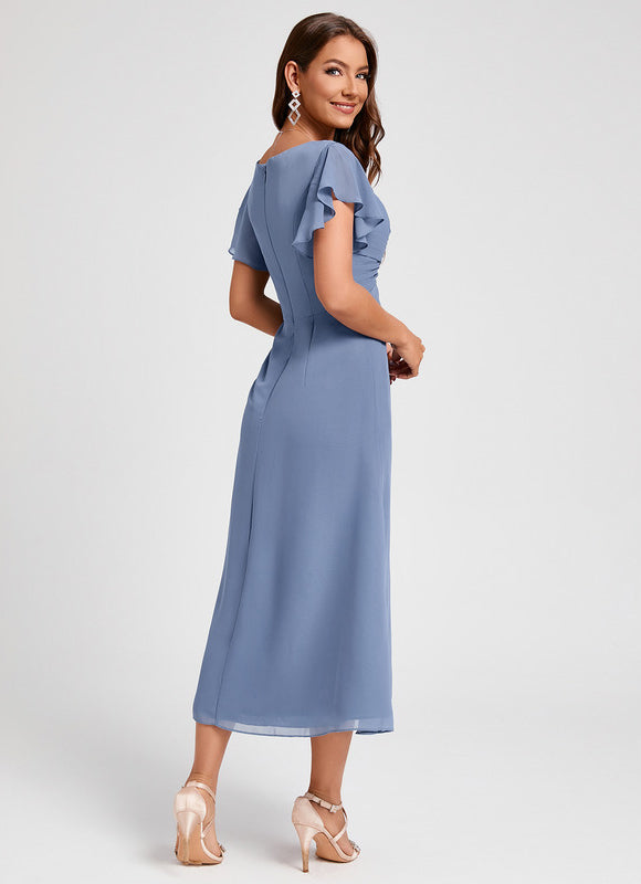 Robe Pastel Bleu Col V Longueur Mollet - gallery 1