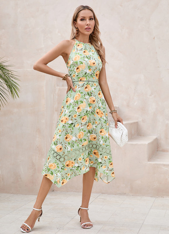 Robe Pastel Verte Imprimée Fleuri Midi - gallery 3