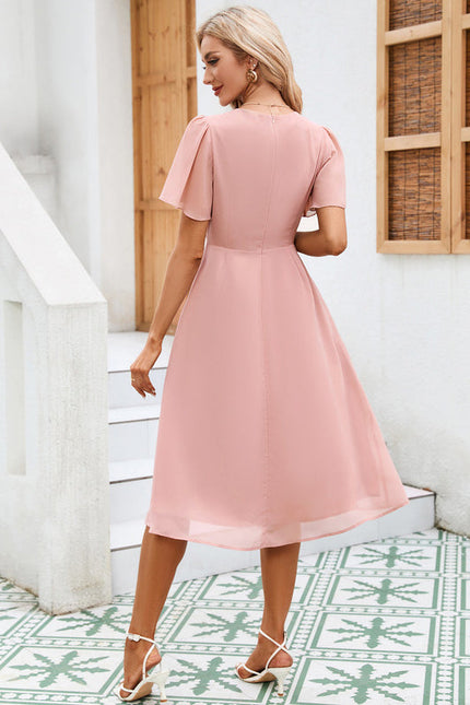 Robe Pastel Rose Col V Mousseline Midi - gallery 1