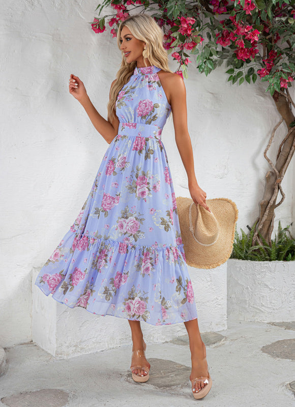 Robe Pastel Bleu Fleuri À Volants - gallery 4