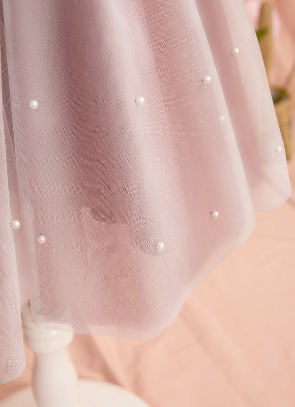 Robe Pastel Rose Trapèze Dentelle Mariage Fille - gallery 5