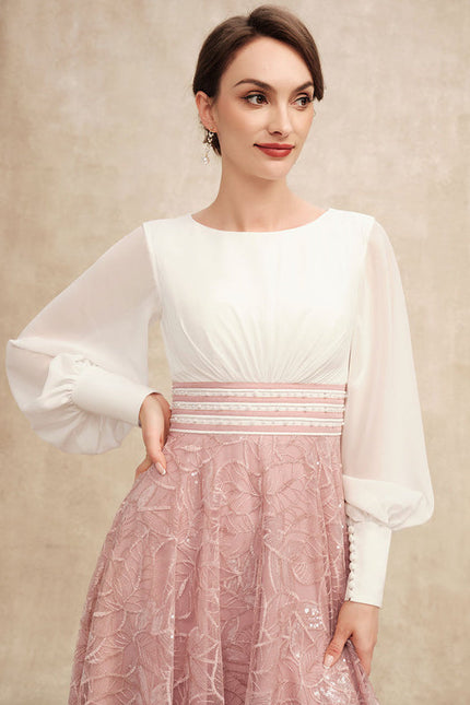 Robe Pastel Rose Longueur Mollet Dentelle - gallery 3