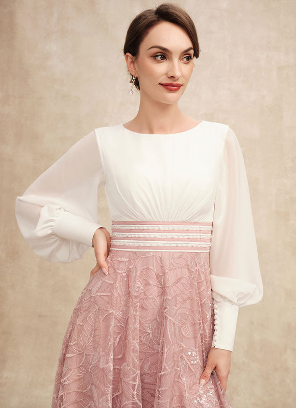 Robe Pastel Rose Longueur Mollet Dentelle - gallery 3