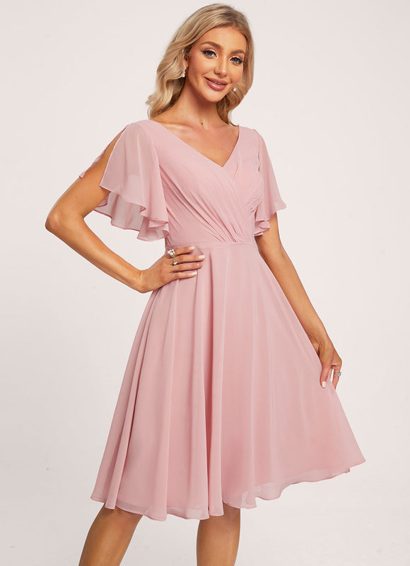 Robe Pastel Rose Trapèze Col V Genou - gallery 1