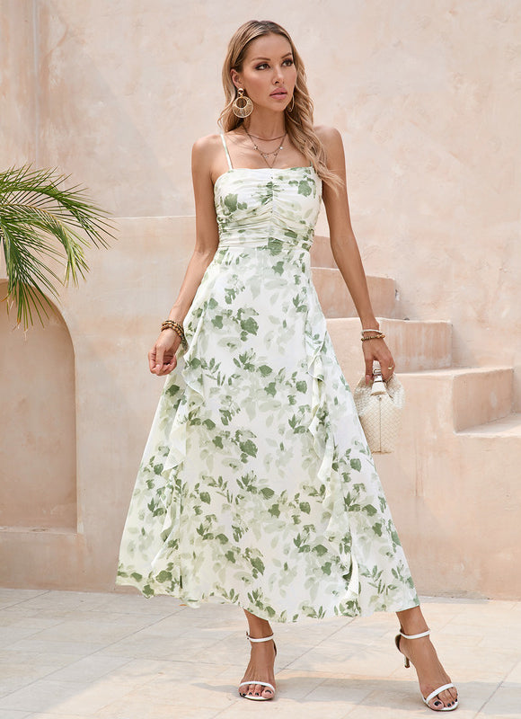 Robe Pastel Verte Fleurie Satin Maxi - gallery 3