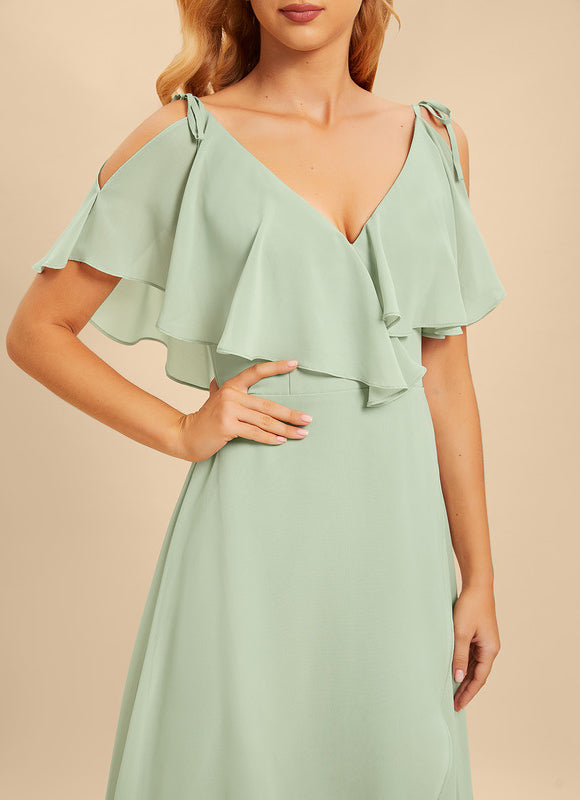 Robe Pastel Bleu Asymétrique Col V Volants - gallery 5