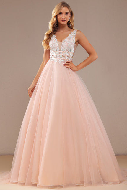 Robe Pastel Rose Col V Traîne Tulle