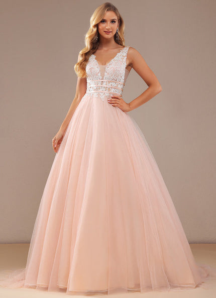 Robe Pastel Rose Col V Traîne Tulle