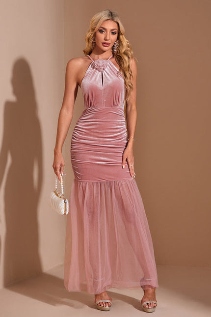 Robe Pastel Rose Plissée Sirène Velours - gallery 3
