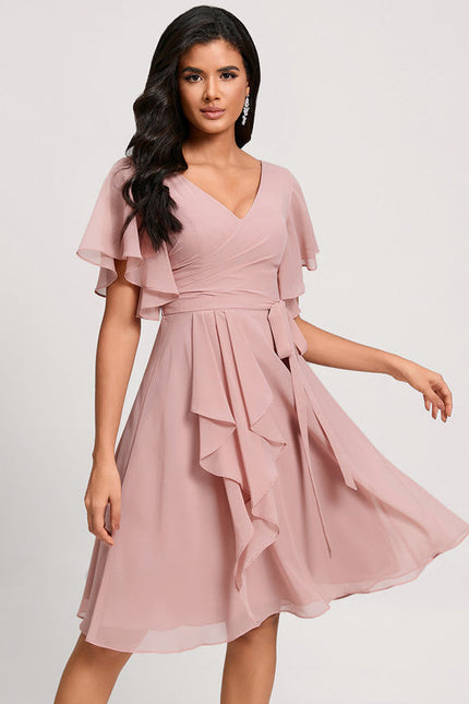 Robe Pastel Rose Col V Longueur Genou - gallery 2