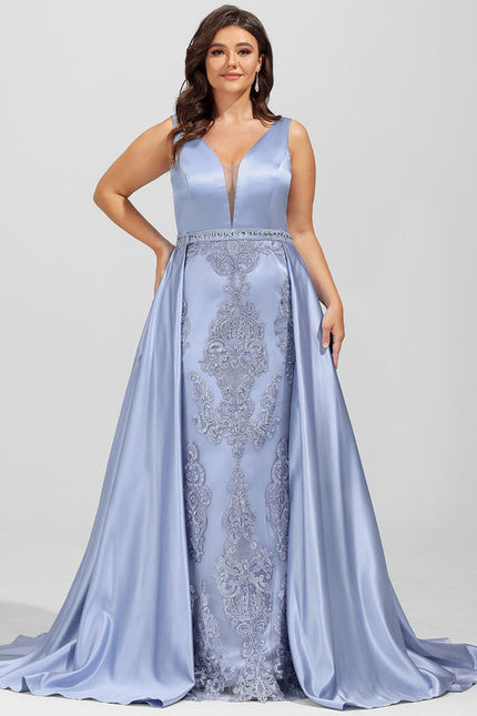 Robe Pastel Bleu Col V Traîne Dentelle - gallery 7