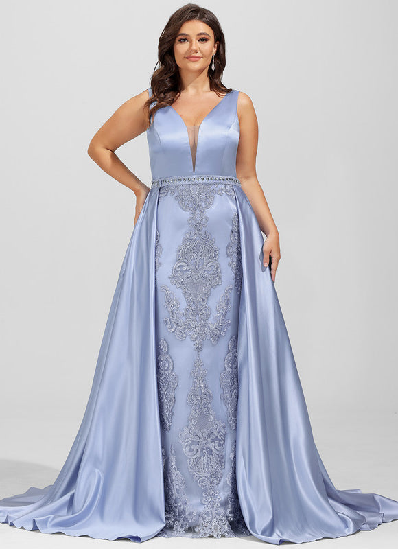 Robe Pastel Bleu Col V Traîne Dentelle - gallery 7