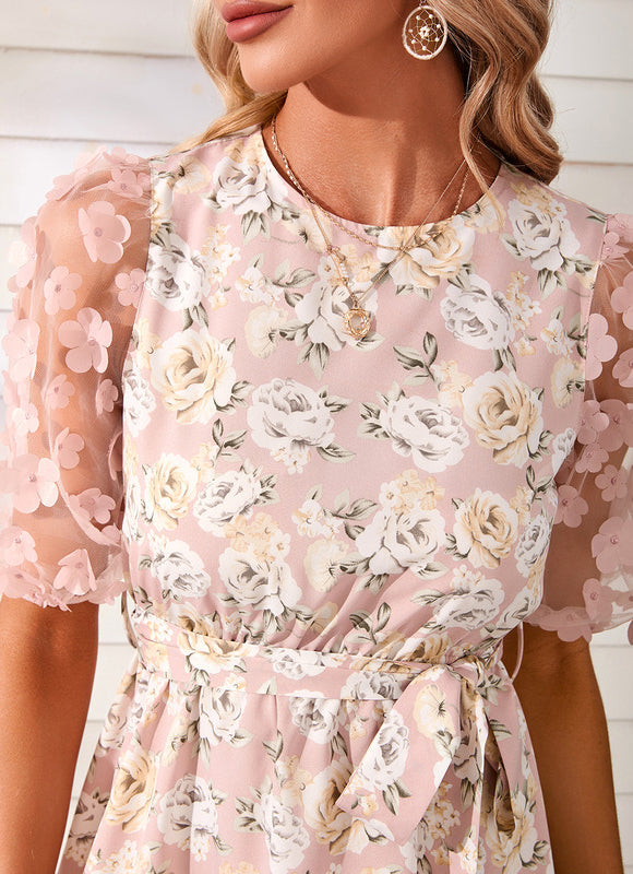 Robe Pastel Rose Fleurie Col Rond - gallery 3