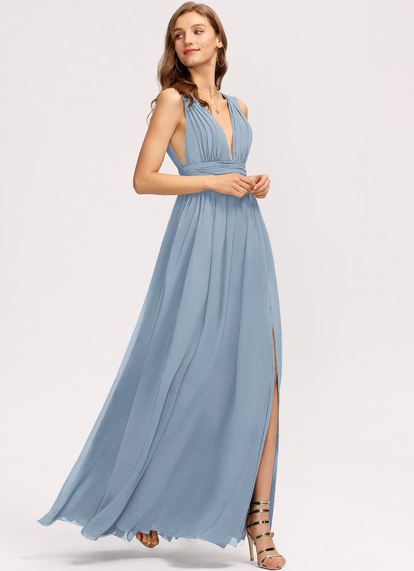 Robe Pastel Bleu Col V Longue - gallery 1