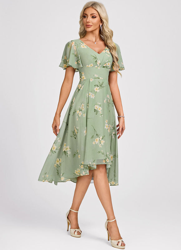 Robe Pastel Bleu Asymétrique Col V Volants - gallery 1