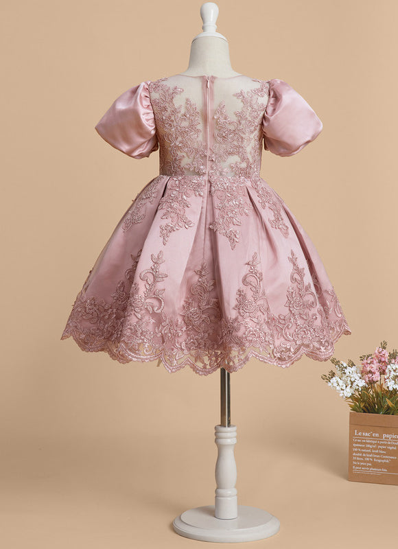Robe Pastel Rose Satin Dentelle Fille Mariage - gallery 7