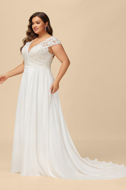 Robe Pastel Blanche Col V Traîne Dentelle - gallery 7