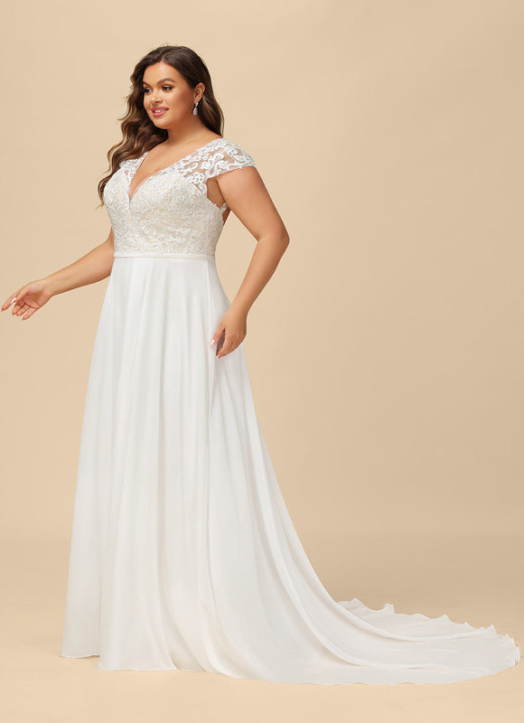 Robe Pastel Blanche Col V Traîne Dentelle - gallery 7