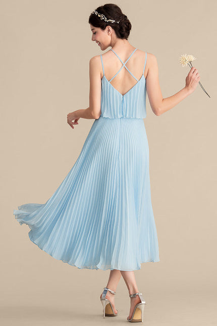 Robe Pastel Bleu Col V Plissée Mollet - gallery 3