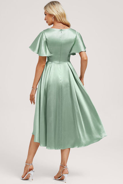 Robe Pastel Vert Satin Volants Asymétrique - gallery 4