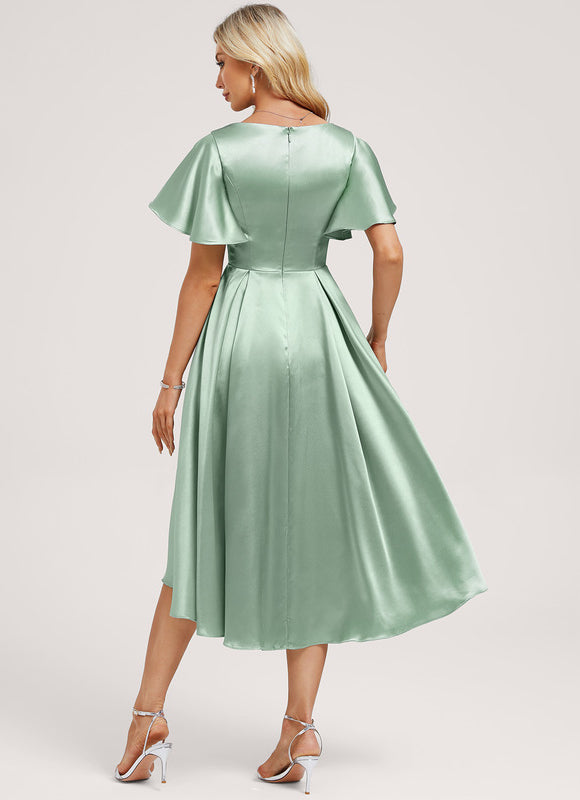 Robe Pastel Vert Satin Volants Asymétrique - gallery 4