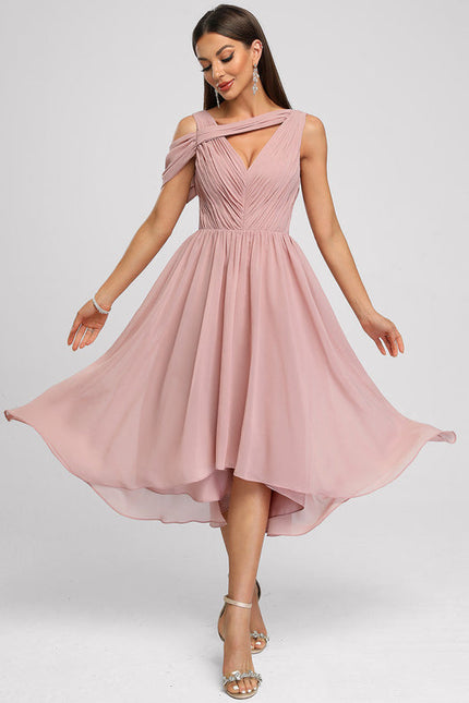 Robe Pastel Rose Asymétrique Plissée Élégante