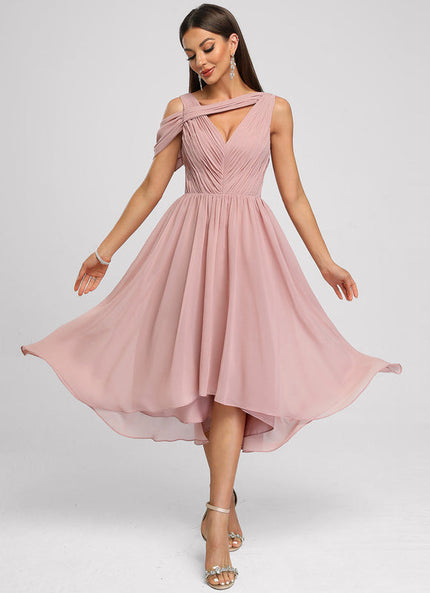 Robe Pastel Rose Asymétrique Plissée Élégante