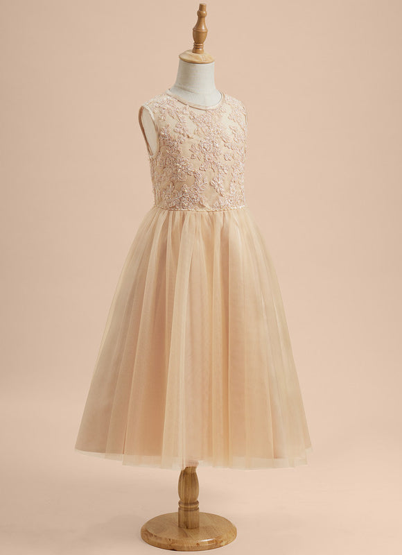 Robe Pastel Beige Dentelle Élégante Fille Mariage - gallery 1