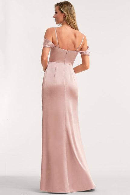 Robe Pastel Rose Décolleté Longue Satin - gallery 4