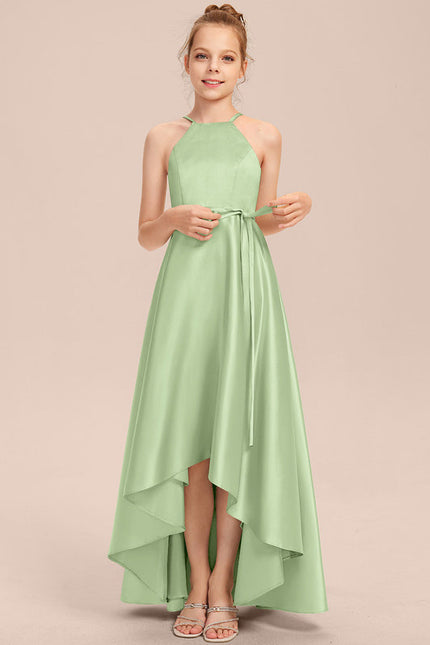 Robe Pastel Satin Bleu-Vert Trapèze Asiatique