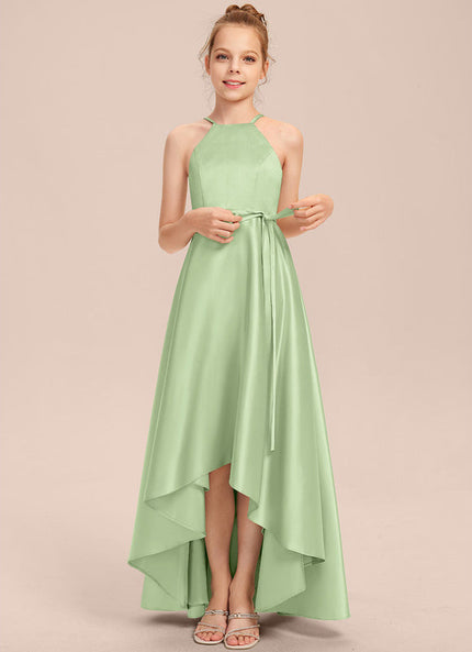 Robe Pastel Satin Bleu-Vert Trapèze Asiatique