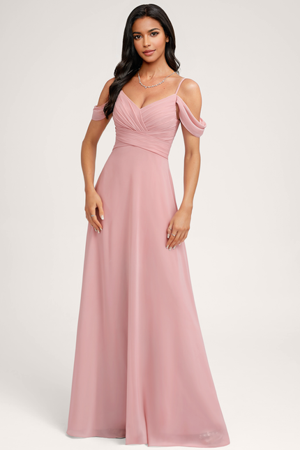 Robe Pastel Rose Décolleté Épaules Mousseline - gallery 3