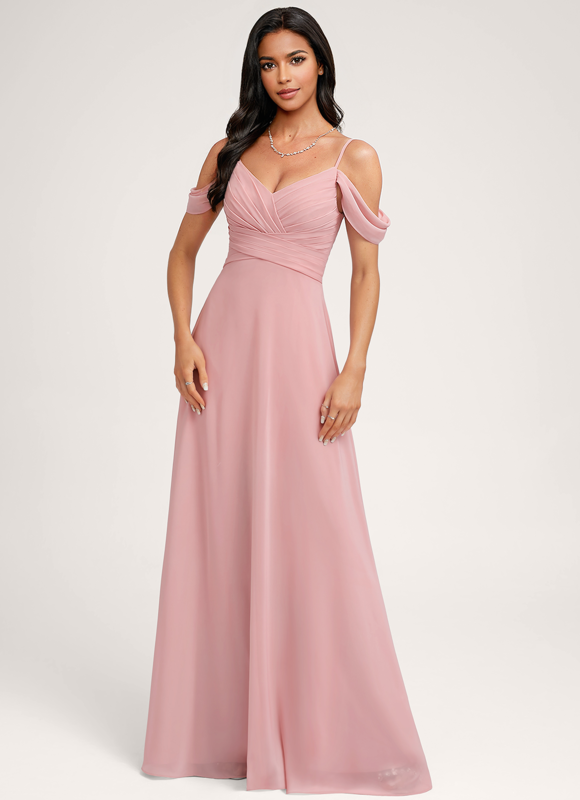 Robe Pastel Rose Décolleté Épaules Mousseline - gallery 3