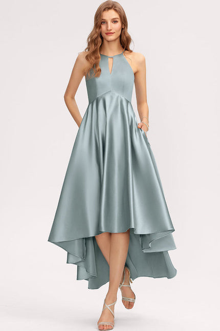 Robe Pastel Satin Trapèze Bleu Canard - gallery 2