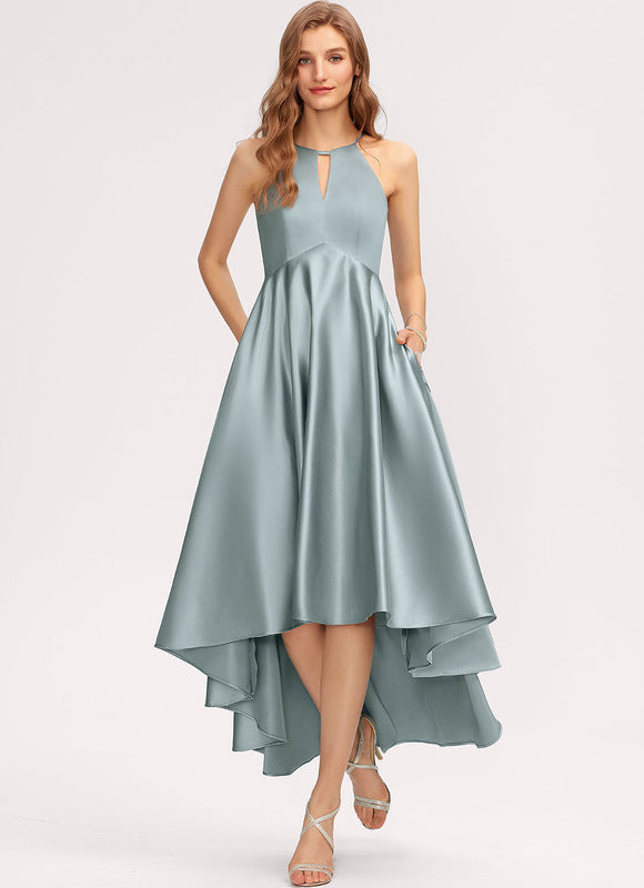 Robe Pastel Satin Trapèze Bleu Canard - gallery 2