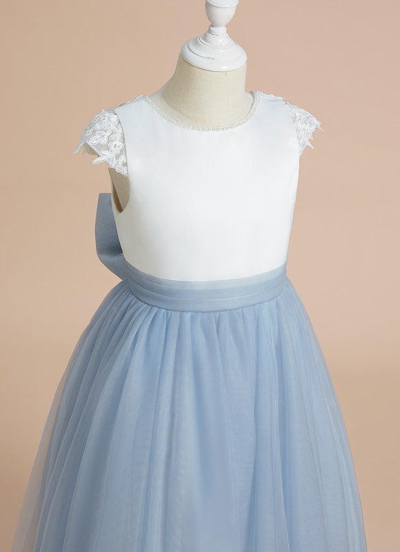 Robe Pastel Bleu Col Rond Satin Tulle - gallery 2
